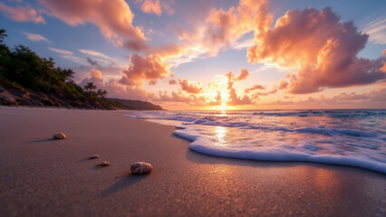 A low angle image capturing a serene beach scene during at sunset.