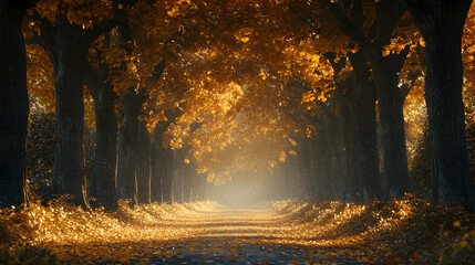 Fototapeta premium Serene Tree-Lined Avenue in Autumn with Vibrant Golden Leaves Under Soft Light