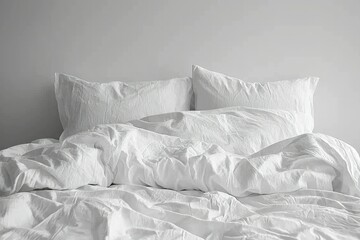 A pristine white bed with two pillows and a crumpled duvet