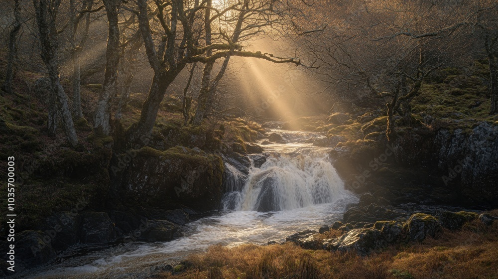 Poster sunlight streams through the trees illuminating a cascading waterfall in a dense forest.