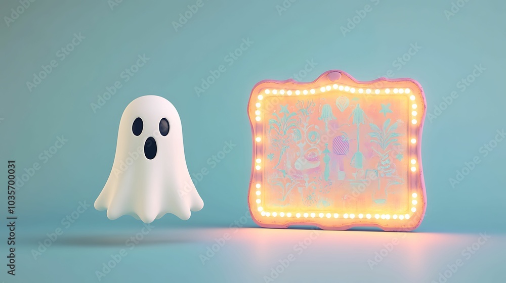 Aufkleber whimsical ghostly figure with illuminated frame in a playful setting perfect for halloween and child