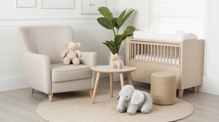 This charming children's room features a plush armchair, wooden table, and baby crib decorated with soft toys, offering a warm and inviting nursery ambiance