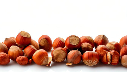 Obraz premium Hazelnuts on wooden and white background, opened and closed