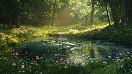 A tranquil pond surrounded by lush greenery and wildflowers with sun rays breaking through the trees.