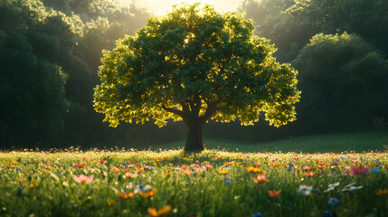 Fototapeta premium Lush Green Tree Nestled in a Vibrant Wildflower Field Under Clear Blue Sky