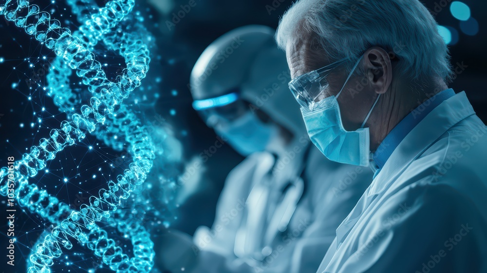 Poster scientists analyzing dna structure in a futuristic lab setting.