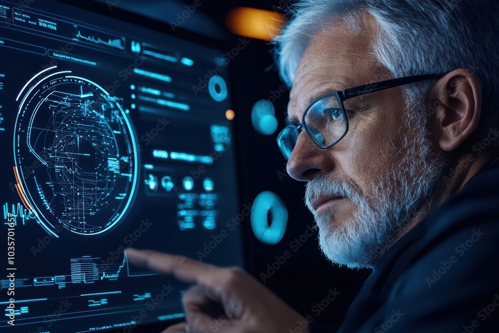 Poster senior man analyzing data on a futuristic touchscreen display in a dark office environment.