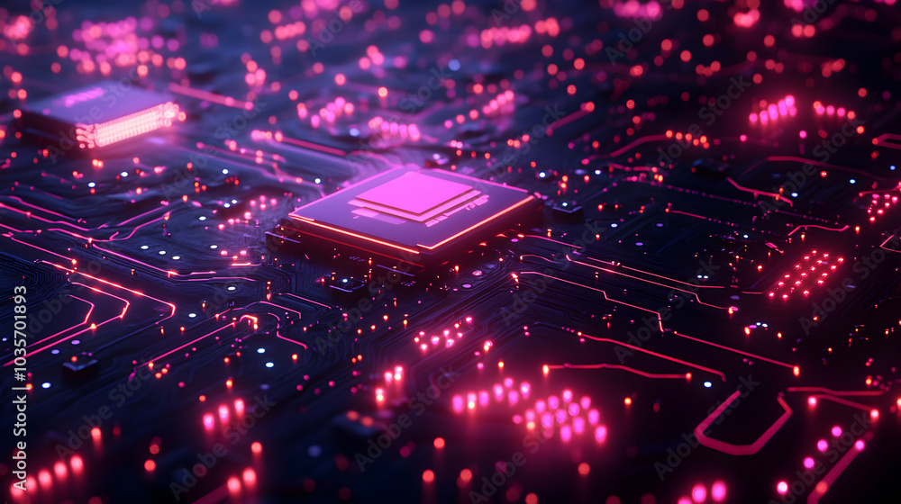 Poster abstract circuit board illustration with glowing pathways and digital elements