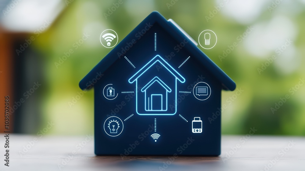 Poster smart home model with technology icons representing connectivity and automation.