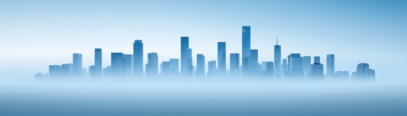 Skyline silhouette with foggy background, modern cityscape, tranquil atmosphere.