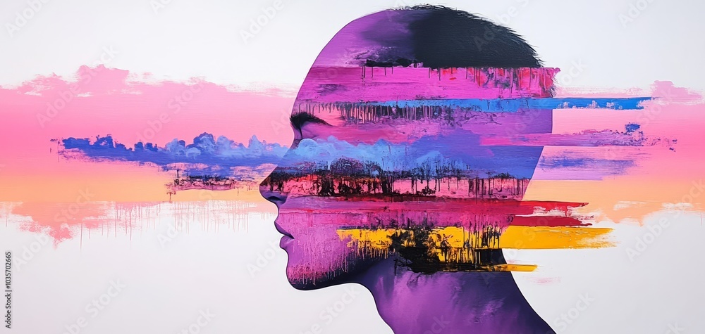 Aufkleber artistic representation of a profile merging with colorful landscape elements, symbolizing inner tho