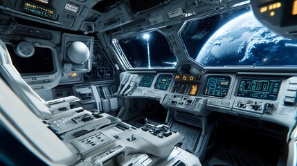Zero-gravity spaceship interior with detailed control panels and views of distant planets