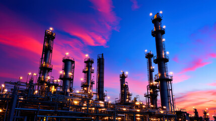 stunning industrial landscape showcases refinery at dusk, with towering structures illuminated against vibrant sunset sky. scene captures essence of modern energy production