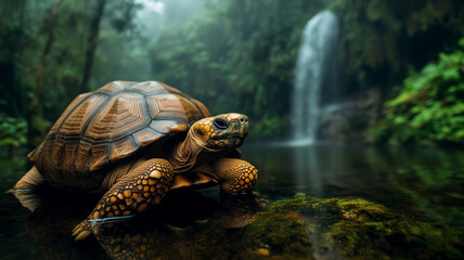 Obraz premium Majestic tortoise by a serene waterfall in a lush forest