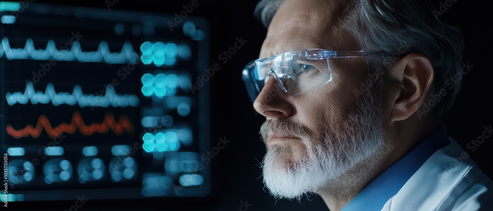 Poster thoughtful scientist analyzing data on a monitor in a dark lab environment.