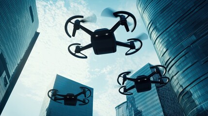 Three drones flying above modern city buildings under a blue sky.