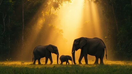 Fototapeta premium Three elephants in a serene jungle setting illuminated by golden sunlight.