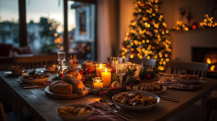 Obraz premium Festive Holiday Dinner Table with Christmas Tree and Candles