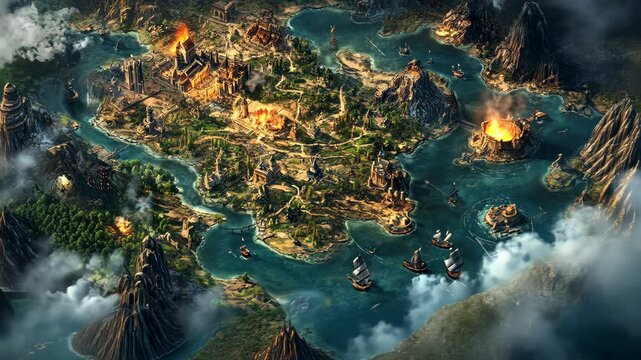 A fantasy world is depicted in this image, with a large island kingdom containing towering mountains and forests