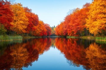 Vibrant autumn trees reflecting in calm water on a sunny day, creating a picturesque natural scene.