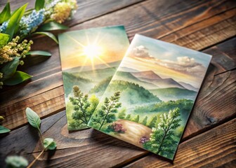 Elegant Wedding Invitation Set with Watercolor Green Landscape, Hills, and Trees