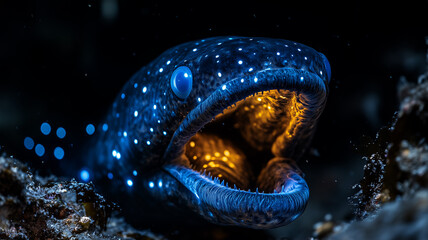 Fototapeta premium Glowing moray eel in deep ocean habitat