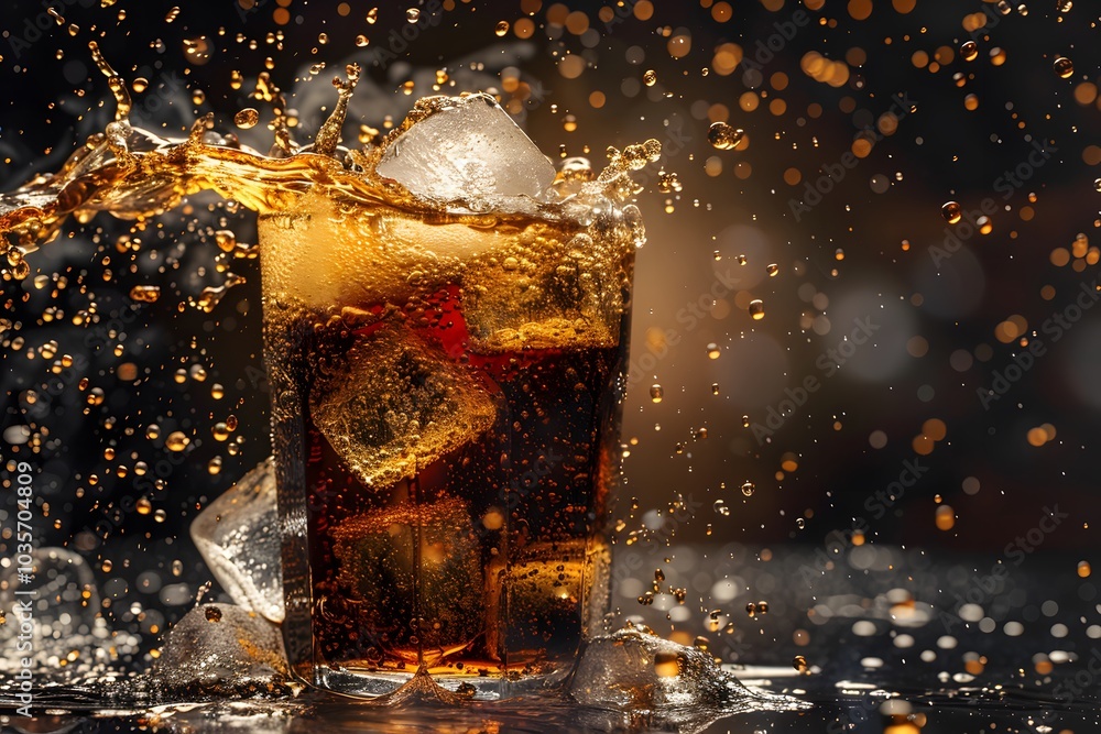 Poster refreshing splash: a glass of cola with ice cubes in motion