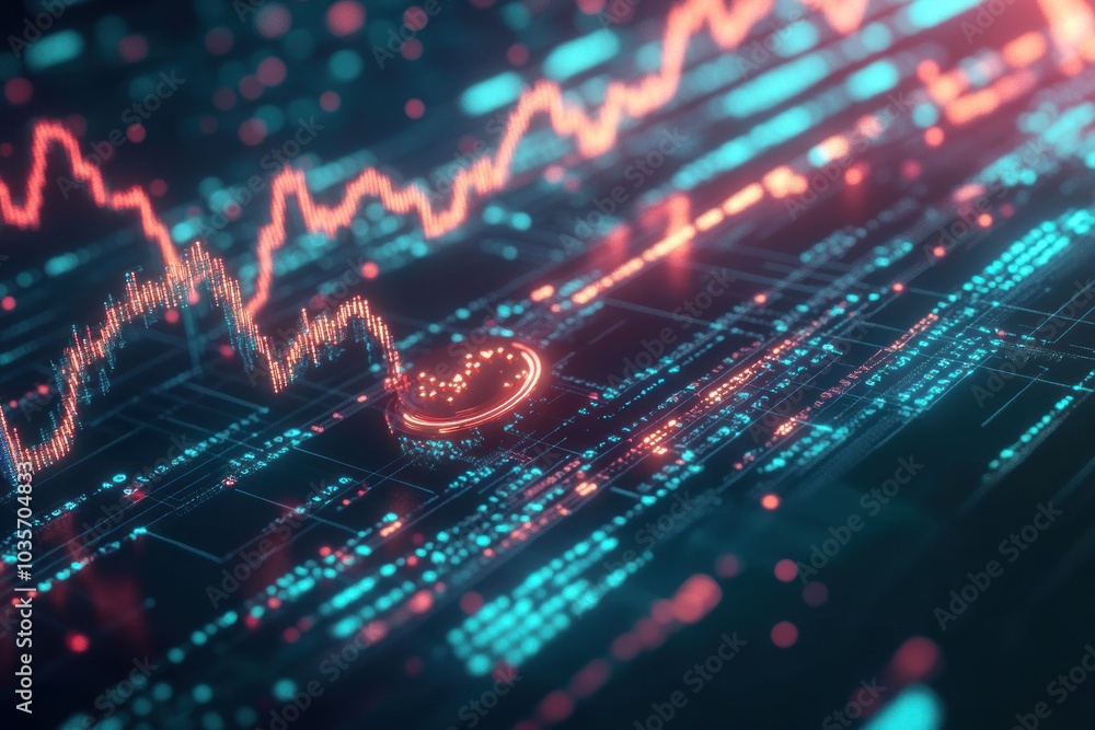 Poster glowing graph of growth of crypto asset price on dark background - digital currency visualization. f