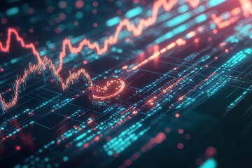 Fototapeta premium glowing graph of growth of crypto asset price on dark background - digital currency visualization. financial market analytics, dynamic nature of cryptocurrency investments. poster with copy space