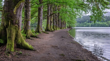 Tranquil Lake Path Lined by Mossy Trees