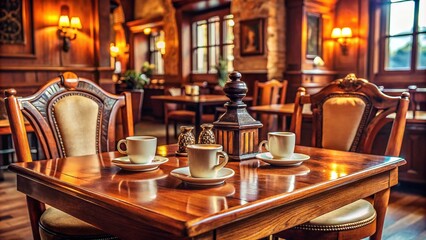 Elegant Wooden Dining Table Set with Coffee Cups in Cozy Restaurant Setting