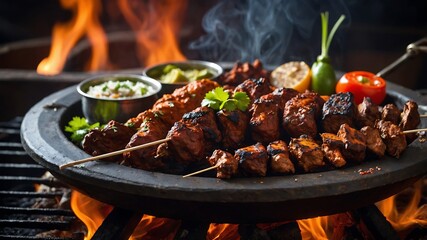 Grilled meat and shish barbeque on a skewer cooking on the barbecue outdoors