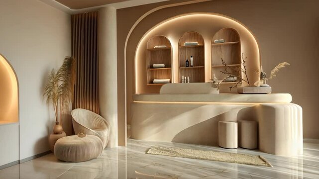 A modern spa reception area with a curved counter and arched shelves, illuminated by warm lighting