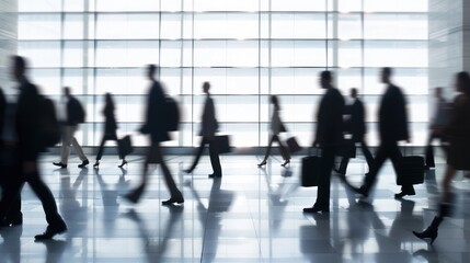Blurred Silhouettes of People Walking Through a Modern Building