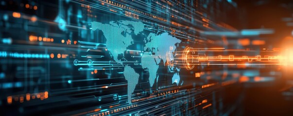 A 3D search engine interface projecting a holographic world map with data points, symbolizing global search reach