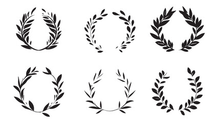 Fototapeta premium Set of simple monotone black logo of a laurel wreath and laurel arch with a minimalist path in the middle, on a white background