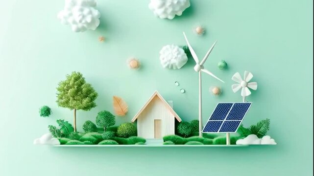 concept green energy, solar battery, wind turbines, 3d illustration, slow motion video