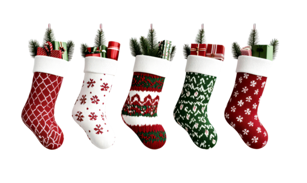 Colorful Christmas stockings filled with festive decorations isolate on transparent background, cutout, png