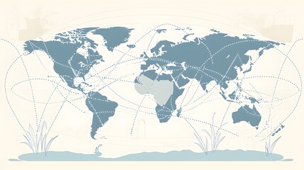 Fototapeta premium Global Shipping: A world map with dotted lines connecting continents, symbolizing international parcel routes. 
