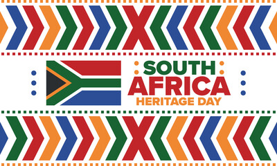 South Africa Heritage Day. Happy holiday. Celebrate culture and traditions of nation. South African flag. Poster with illustration. Pattern design. Vector