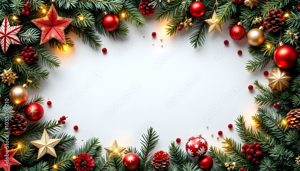 Wall mural christmas frame of spruce, red gold christmas decorations on white background. copy space. new year 