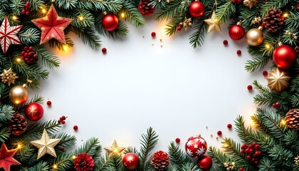 Christmas frame of spruce, red gold christmas decorations on white background. Copy space. New Year lights. Flat lay.