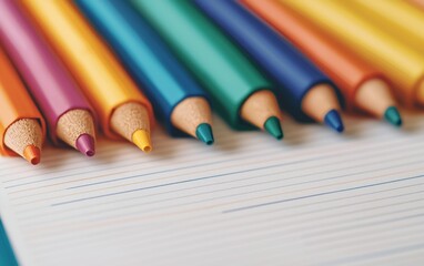 Obraz premium Colorful pencils arranged neatly on white paper, ready for creative expression.