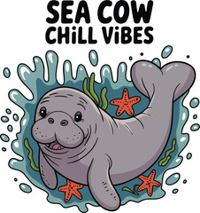 Sea cow Chill vibes concept manatee t-shirt design