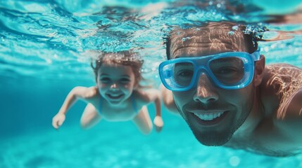 Naklejka premium Happy father and son swimming underwater in pool with goggles. Family summer fun, underwater photo, vacation concept