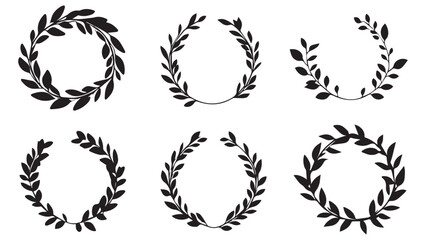 Set of simple monotone black logo of a laurel wreath and laurel arch with a minimalist path in the middle, on a white background