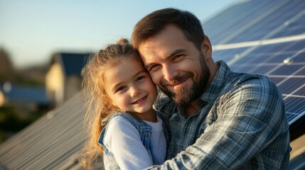 Fototapeta premium Happy family with solar panels on roof, sustainable energy, clean energy future, father and daughter