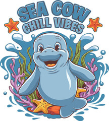 Sea cow Chill vibes concept manatee t-shirt design
