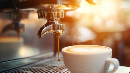 A close-up of espresso pouring into a white cup, highlighting the coffee-making process.