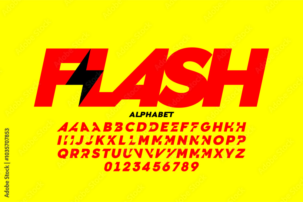 Poster flash. lightning bolt style font design: alphabet letters and numbers vector illustration
